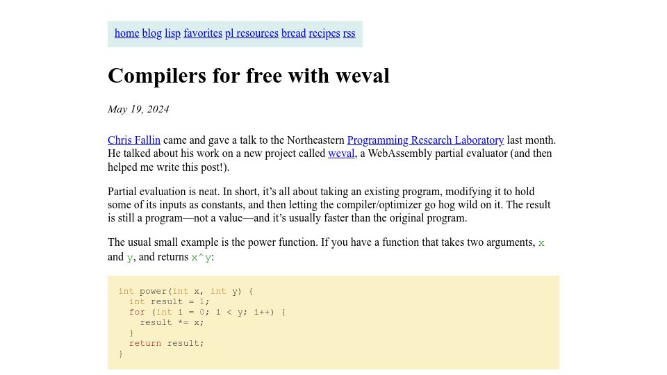 Screenshot of bernsteinbear.com: Compilers for free with weval