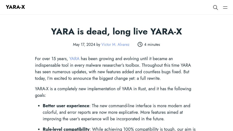 Screenshot of virustotal.github.io: YARA is dead, long live YARA-X