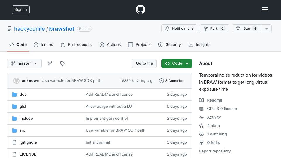 Screenshot of github.com: Show HN: Brawshot – Basic temporal denoise for videos in BRAW format