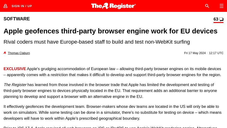 Screenshot of theregister.com: Apple geofences third-party browser engine work for EU devices