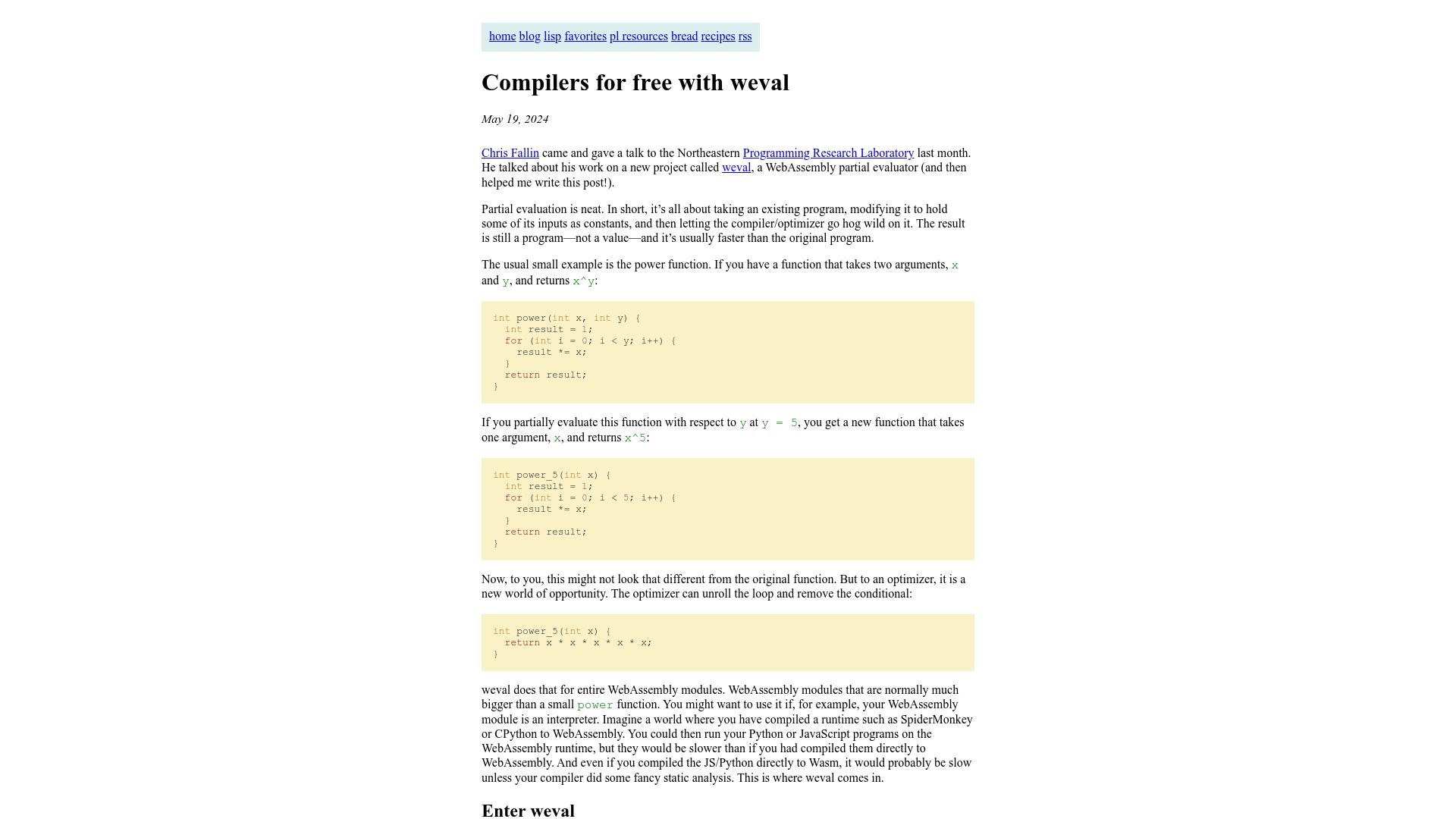 Screenshot of bernsteinbear.com: Compilers for free with weval