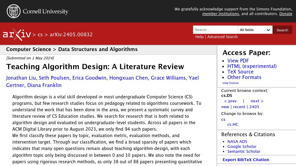 Screenshot of arxiv.org: Teaching Algorithm Design: A Literature Review