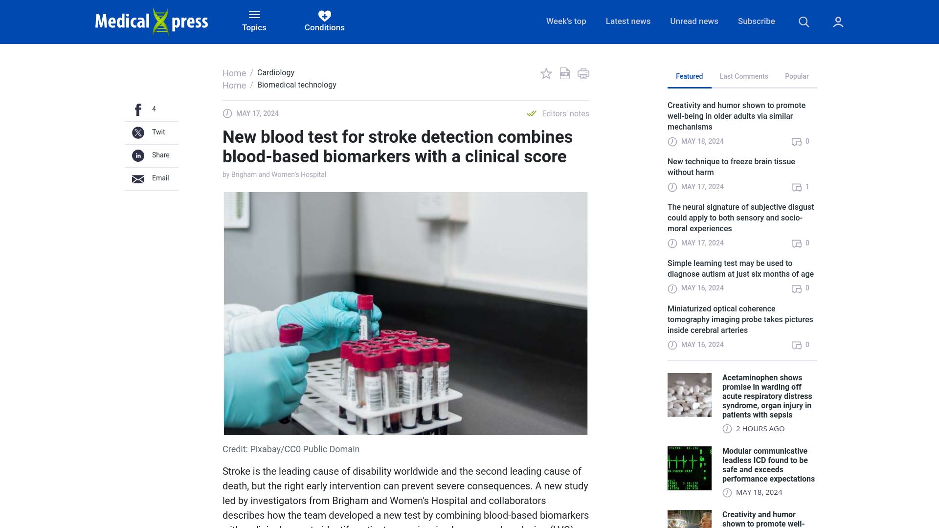 Screenshot of medicalxpress.com: New blood test for stroke combines blood-based biomarkers with a clinical score
