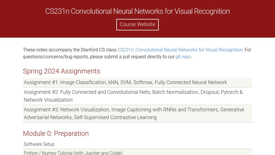 Screenshot of cs231n.github.io: Convolutional Neural Networks for Visual Recognition