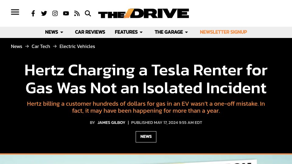 Screenshot of thedrive.com: Hertz Charging a Tesla Renter for Gas Was Not an Isolated Incident