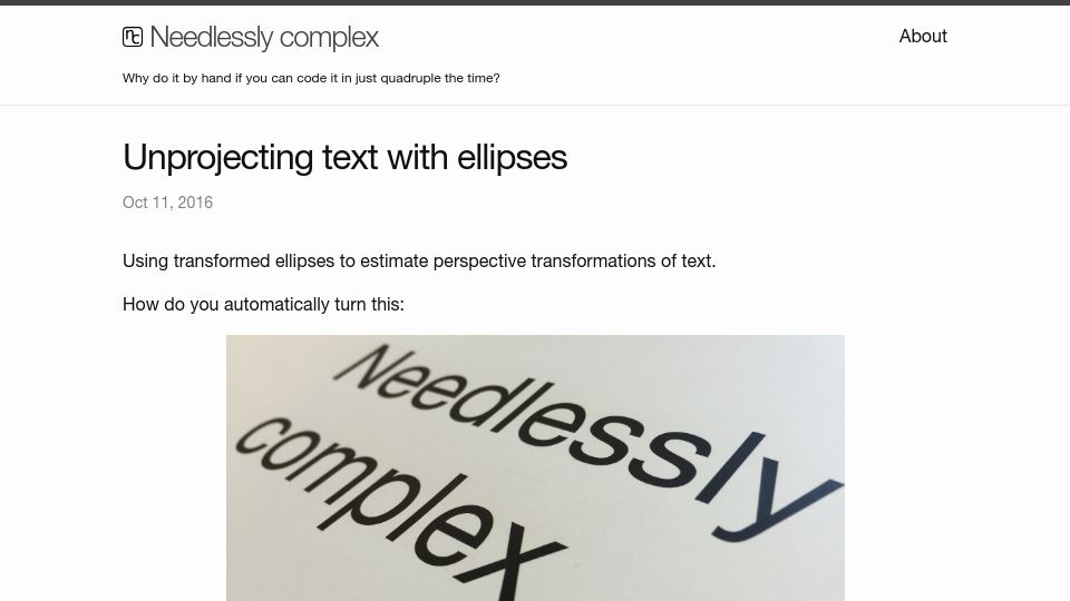 Screenshot of mzucker.github.io: Unprojecting text with ellipses (2016)