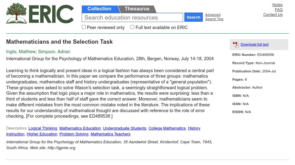 Screenshot of eric.ed.gov: Mathematicians and the Selection Task (2004)
