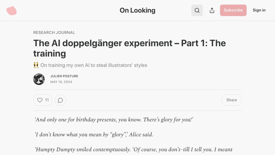 Screenshot of julienposture.substack.com: AI doppelgänger experiment – Part 1: The training