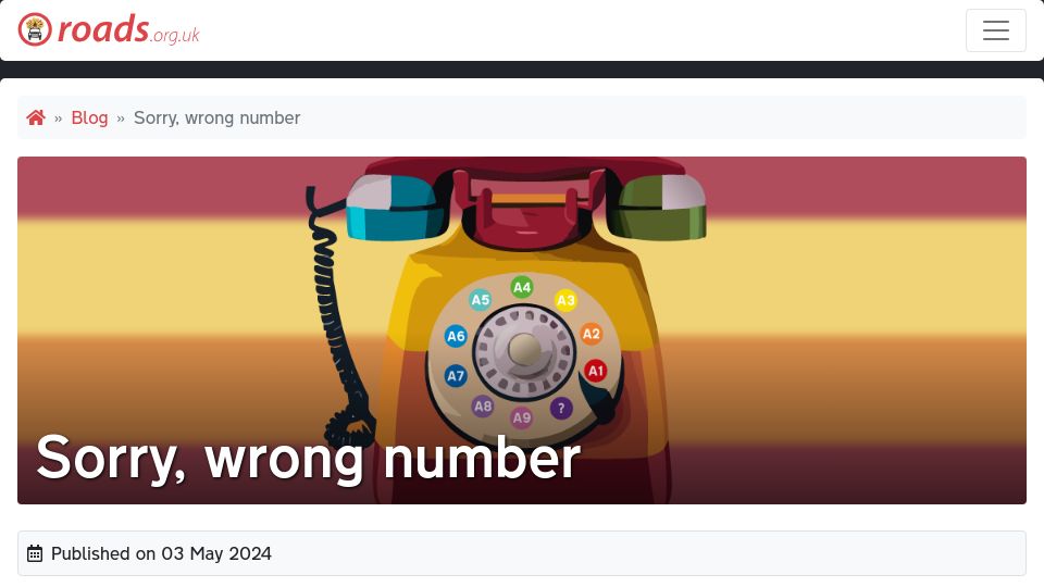 Screenshot of roads.org.uk: Sorry, wrong number
