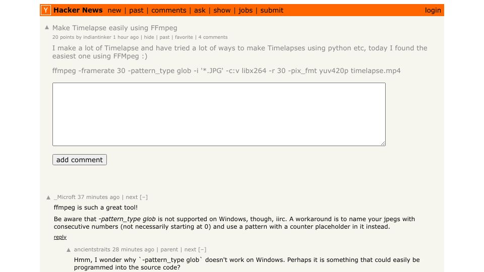 Screenshot of Hacker News post: Make timelapses easily using FFmpeg