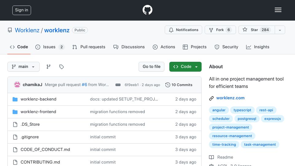 Screenshot of github.com: Worklenz: Open-Source, All in one project management tool