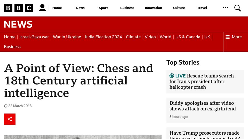 Screenshot of bbc.com: Chess and 18th Century artificial intelligence (2013)