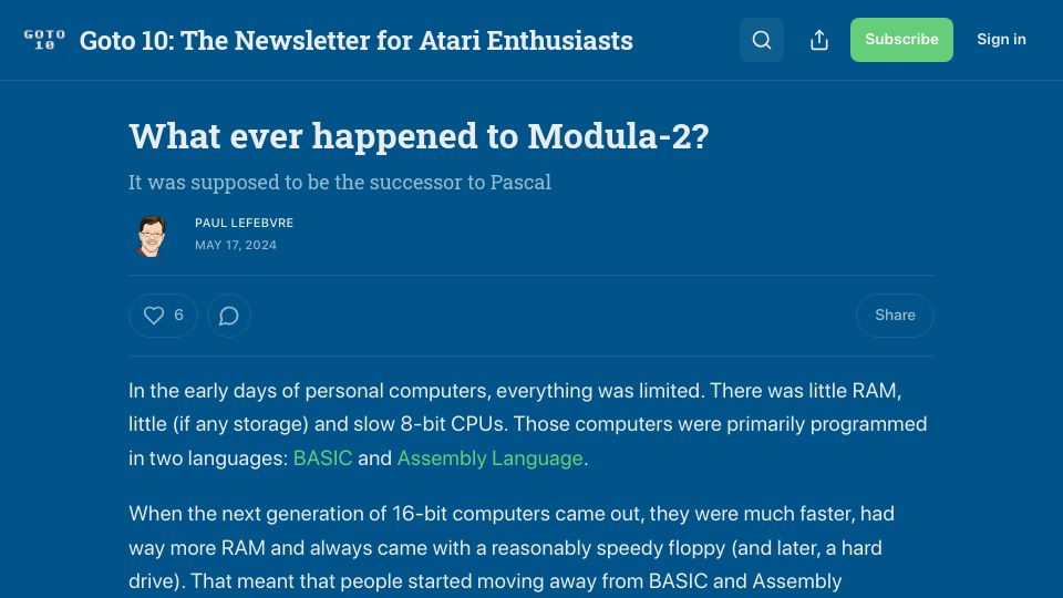 Screenshot of goto10retro.com: What ever happened to Modula-2?