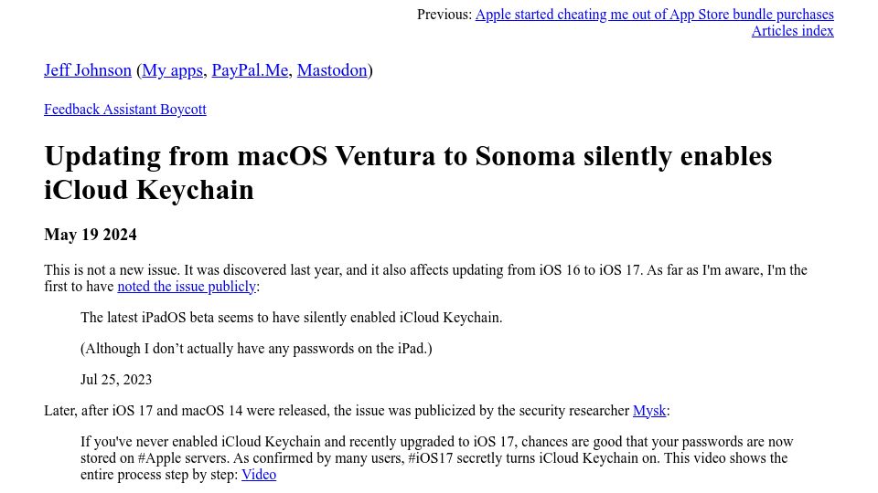 Screenshot of lapcatsoftware.com: Updating from macOS Ventura to Sonoma Silently Enables iCloud Keychain