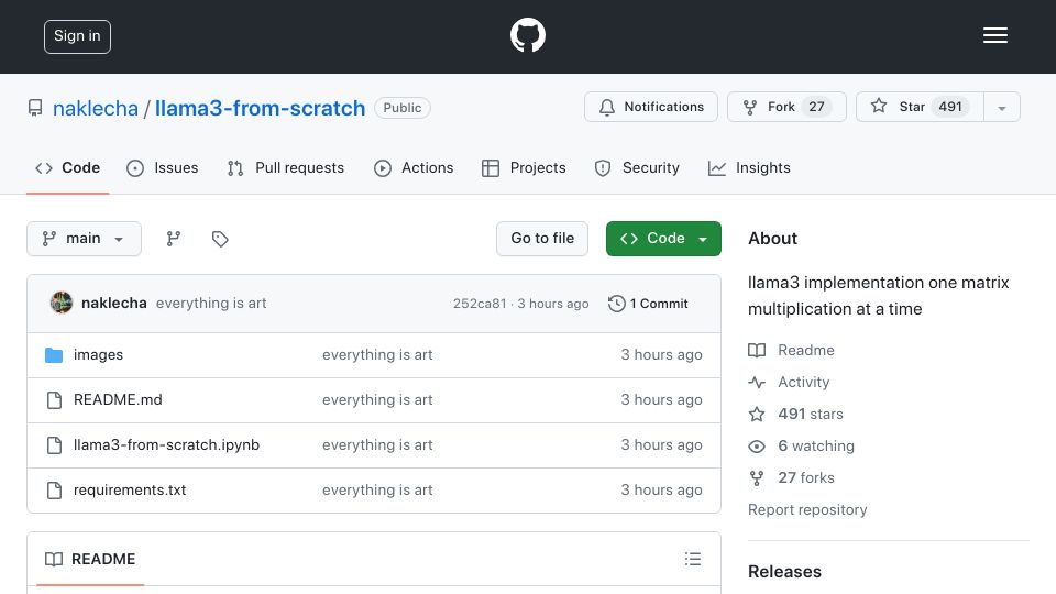 Screenshot of github.com: Llama3 implemented from scratch