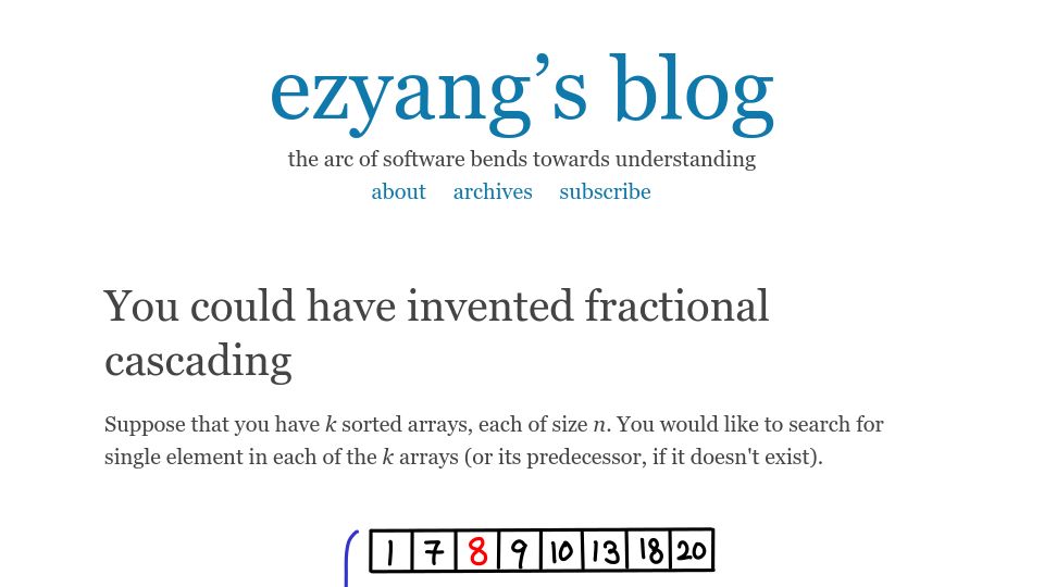 Screenshot of blog.ezyang.com: You could have invented fractional cascading