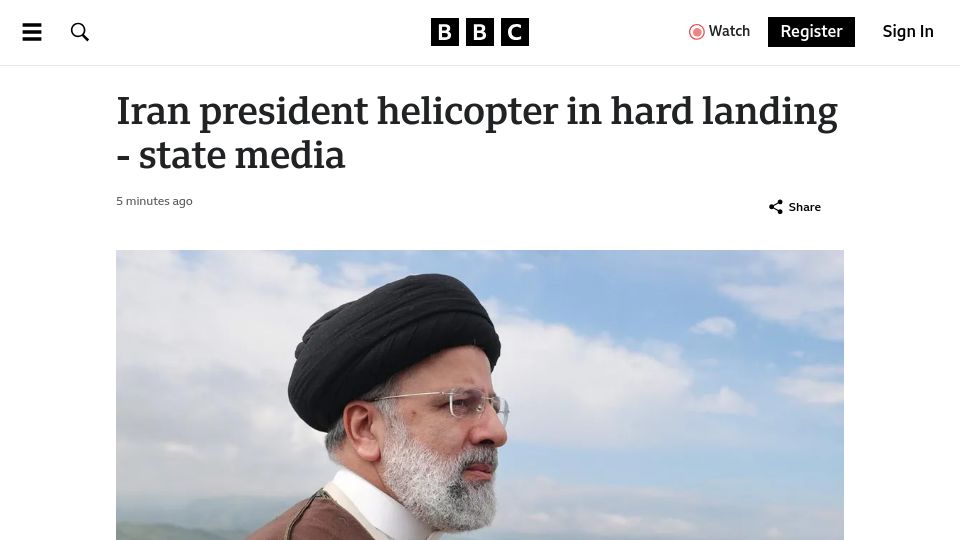 Screenshot of bbc.com: Helicopter in Iranian president's convoy crashes – state media
