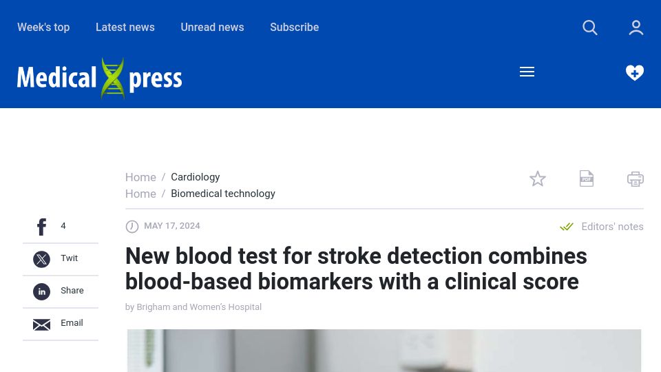 Screenshot of medicalxpress.com: New blood test for stroke combines blood-based biomarkers with a clinical score
