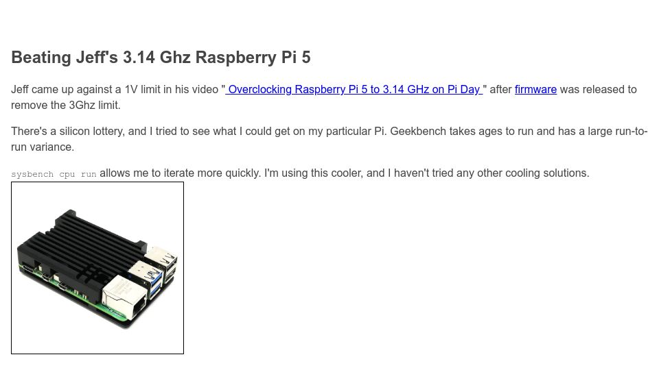 Screenshot of jonatron.github.io: Beating Jeff's 3.14 Ghz Raspberry Pi 5