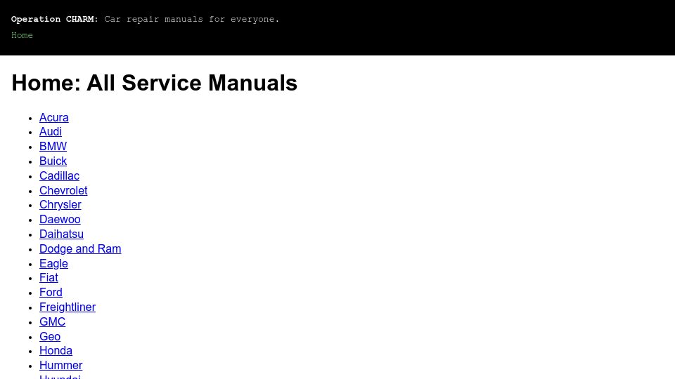 Screenshot of charm.li: Operation CHARM: Car repair manuals for everyone