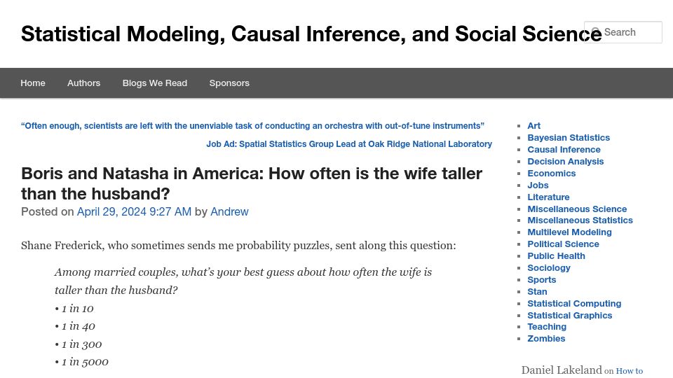 Screenshot of statmodeling.stat.columbia.edu: How often is the wife taller than the husband?