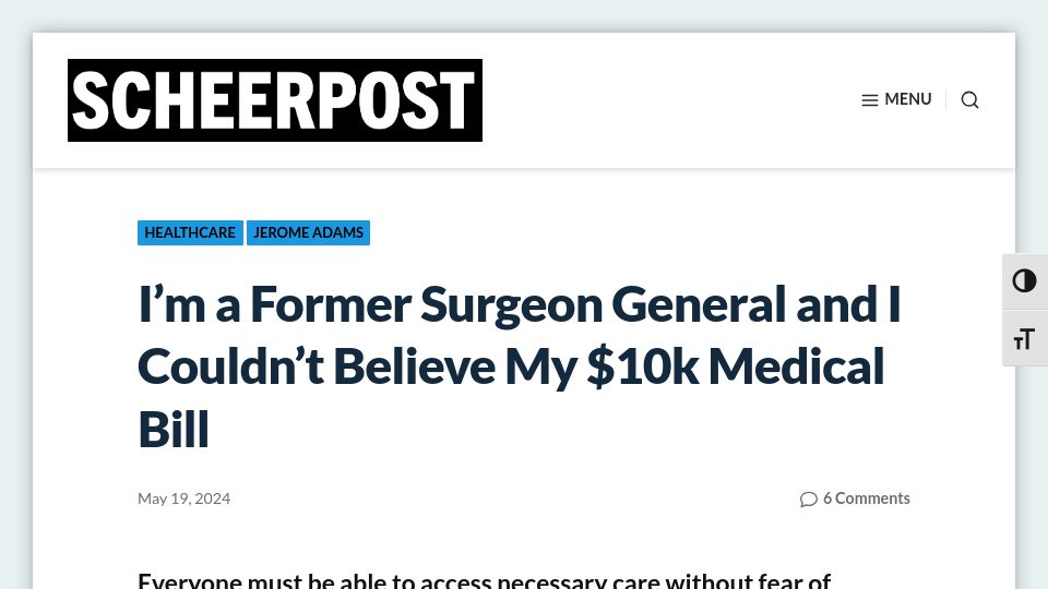 Screenshot of scheerpost.com: I'm a Former Surgeon General and I Couldn't Believe My $10k Medical Bill