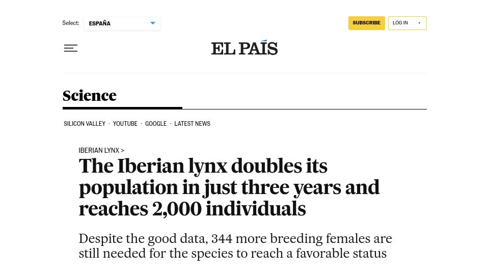 Screenshot of english.elpais.com: The Iberian lynx doubles its population in just three years