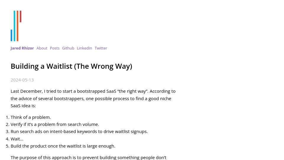 Screenshot of jrhizor.dev: Building a Waitlist (The Wrong Way)