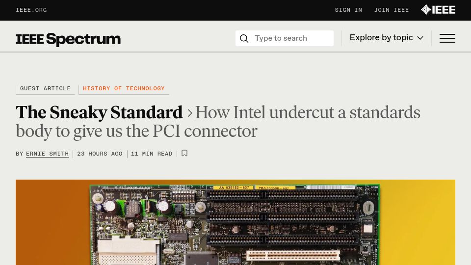 Screenshot of spectrum.ieee.org: Intel undercut a standards body to give us the PCI connector
