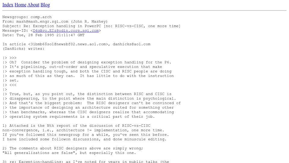 Screenshot of yarchive.net: RISC vs. CISC by John R. Mashey (1995)