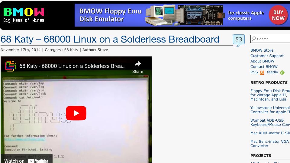 Screenshot of bigmessowires.com: Katy – 68000 Linux on a Solderless Breadboard (2014)