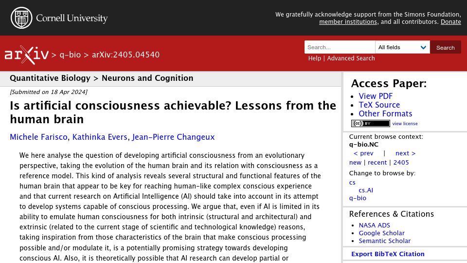 Screenshot of arxiv.org: Is artificial consciousness achievable? Lessons from the human brain