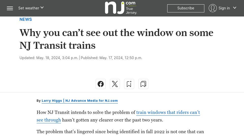 Screenshot of nj.com: Commuter train window cleaning conundrum in NJ