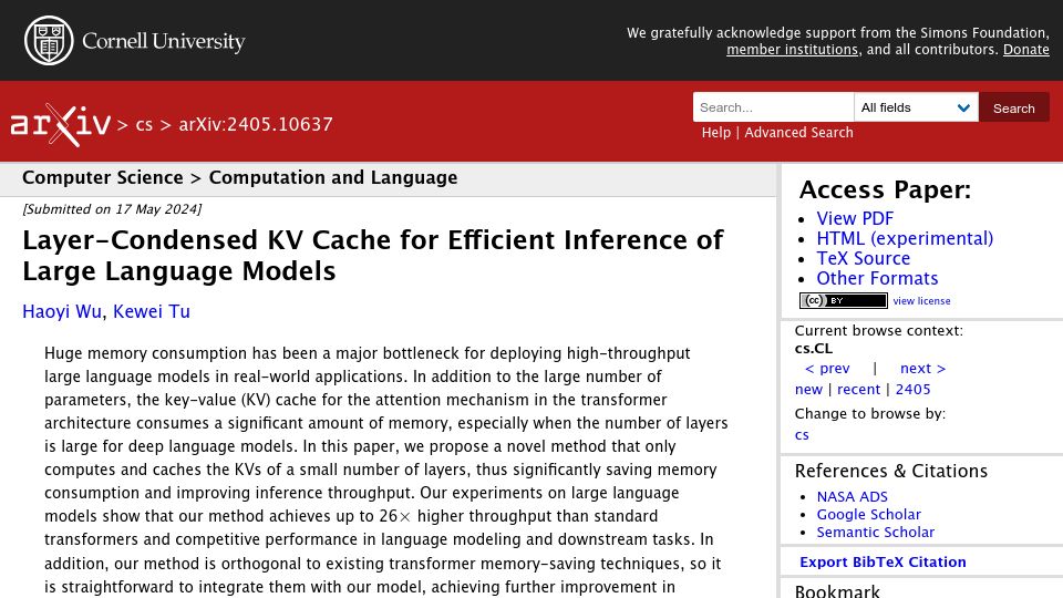 Screenshot of arxiv.org: 26× Faster Inference with Layer-Condensed KV Cache for Large Language Models