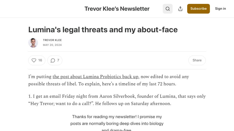 Screenshot of trevorklee.substack.com: Lumina's legal threats and my about-face
