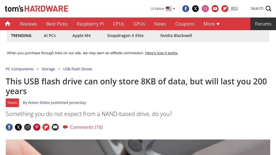 Screenshot of tomshardware.com: This USB flash drive can only store 8KB of data, but will last you 200 years