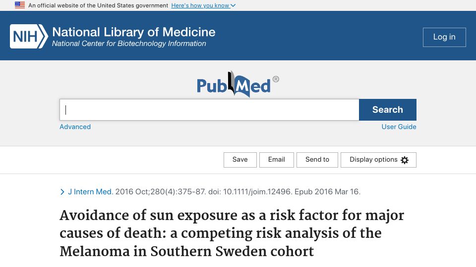 Screenshot of pubmed.ncbi.nlm.nih.gov: Avoidance of sun exposure as a risk factor for major causes of death