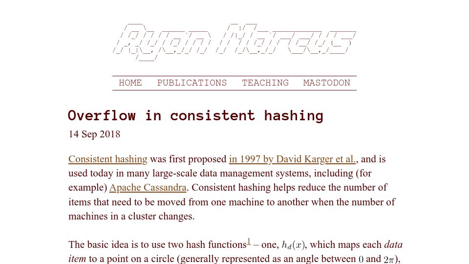 Screenshot of rmarcus.info: Overflow in consistent hashing (2018)