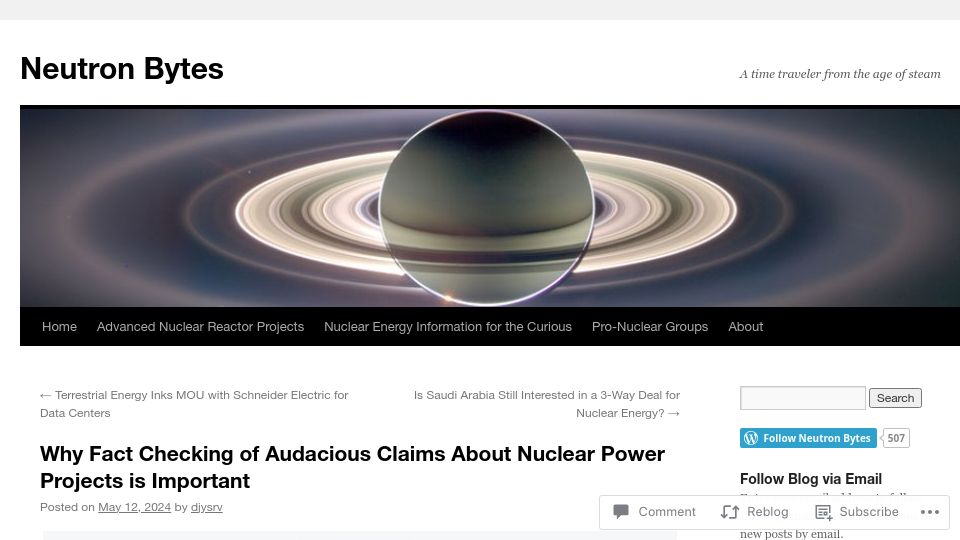 Screenshot of neutronbytes.com: Fact checking of claims about nuclear power projects