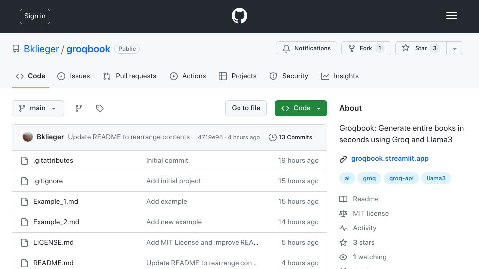 Screenshot of github.com: Groqbook: Generate entire books in seconds using Groq and Llama3
