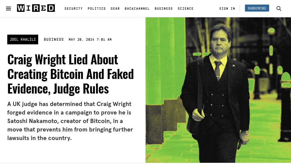 Screenshot of wired.com: Craig Wright Lied About Creating Bitcoin and Faked Evidence, Judge Rules