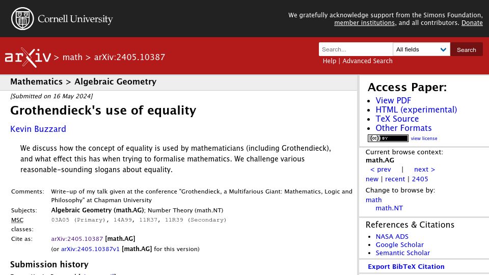 Screenshot of arxiv.org: Grothendieck’s use of equality