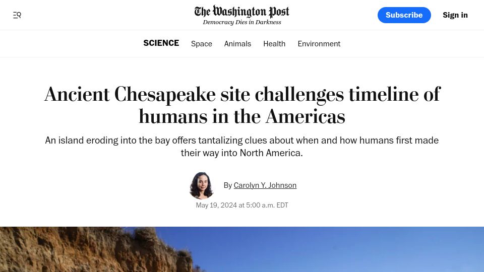 Screenshot of washingtonpost.com: Ancient Chesapeake site challenges timeline of humans in the Americas