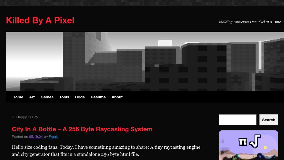 Screenshot of frankforce.com: City in a Bottle – A 256 Byte Raycasting System