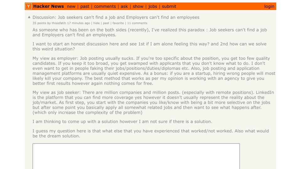 Screenshot of Hacker News post: Discussion: Job seekers can't find a job and Employers can't find an employees