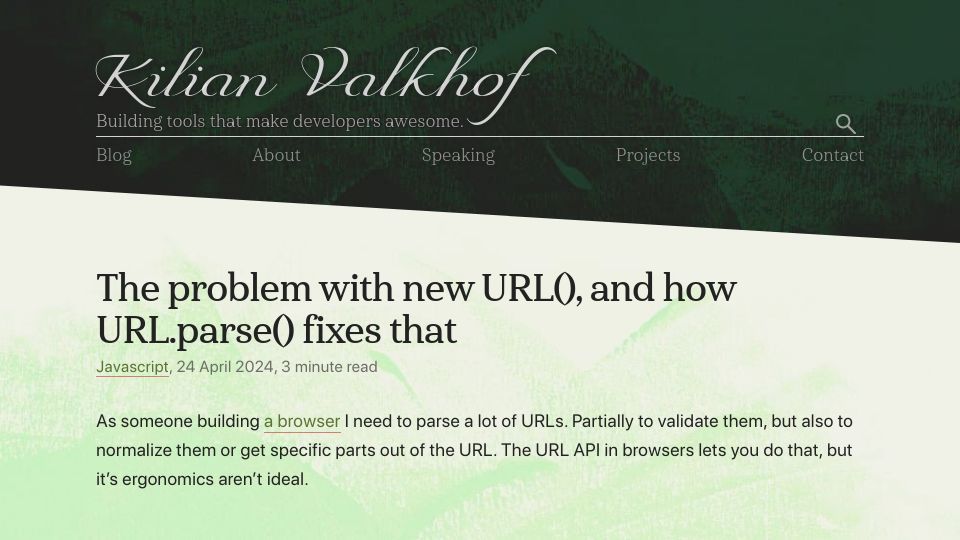 Screenshot of kilianvalkhof.com: The problem with new URL(), and how URL.parse() fixes that