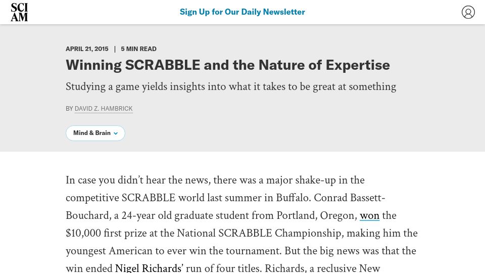 Screenshot of scientificamerican.com: Scrabble and the Nature of Expertise (2015)