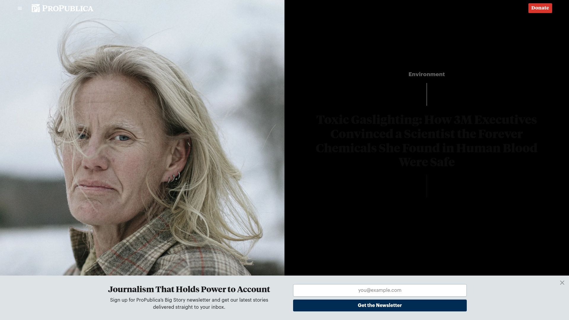 Screenshot of propublica.org: 3M executives convinced a scientist forever chemicals in human blood were safe