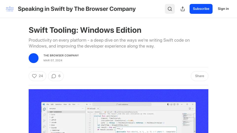 Screenshot of speakinginswift.substack.com: Swift Tooling: Windows Edition