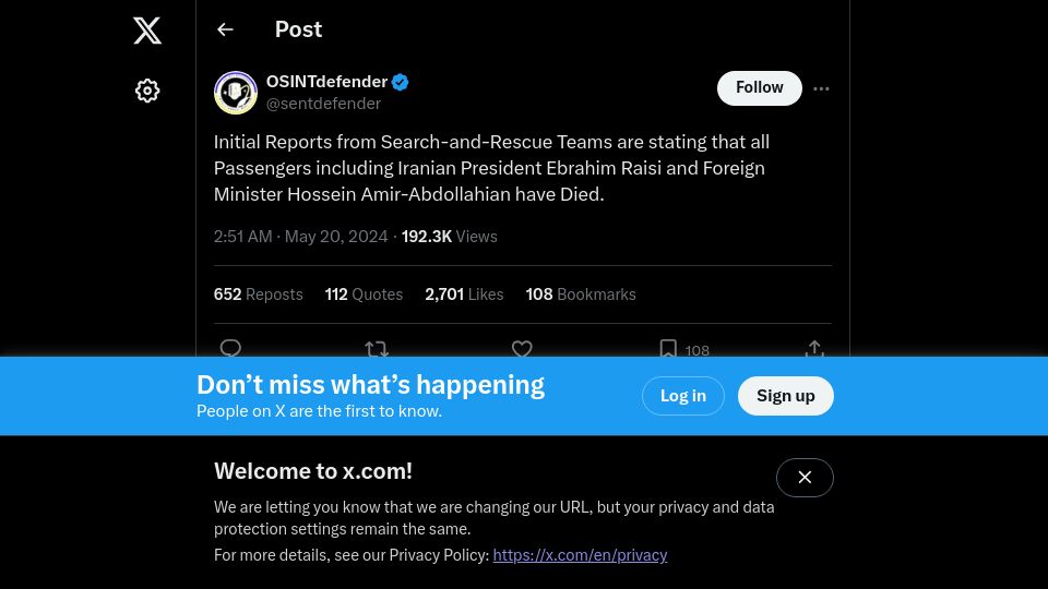 Screenshot of x.com: The President of Iran has died